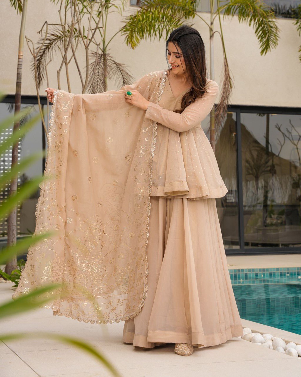 Cream Tabby Organza Work Suit Set with Plazo & Dupatta