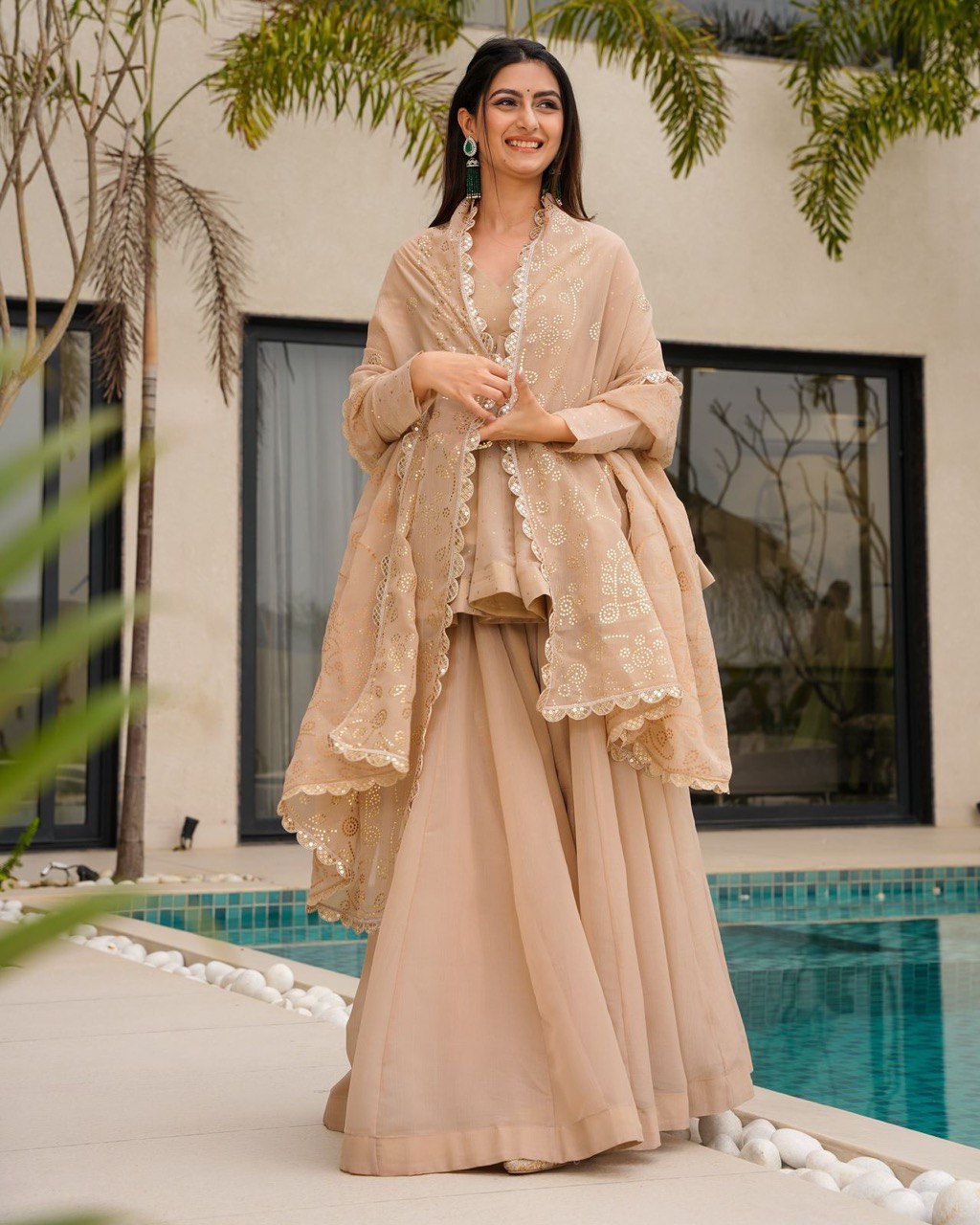 Cream Tabby Organza Work Suit Set with Plazo & Dupatta