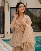 Cream Tabby Organza Work Suit Set with Plazo & Dupatta