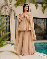 Cream Tabby Organza Work Suit Set with Plazo & Dupatta
