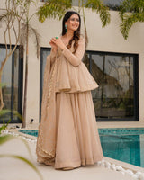 Cream Tabby Organza Work Suit Set with Plazo & Dupatta