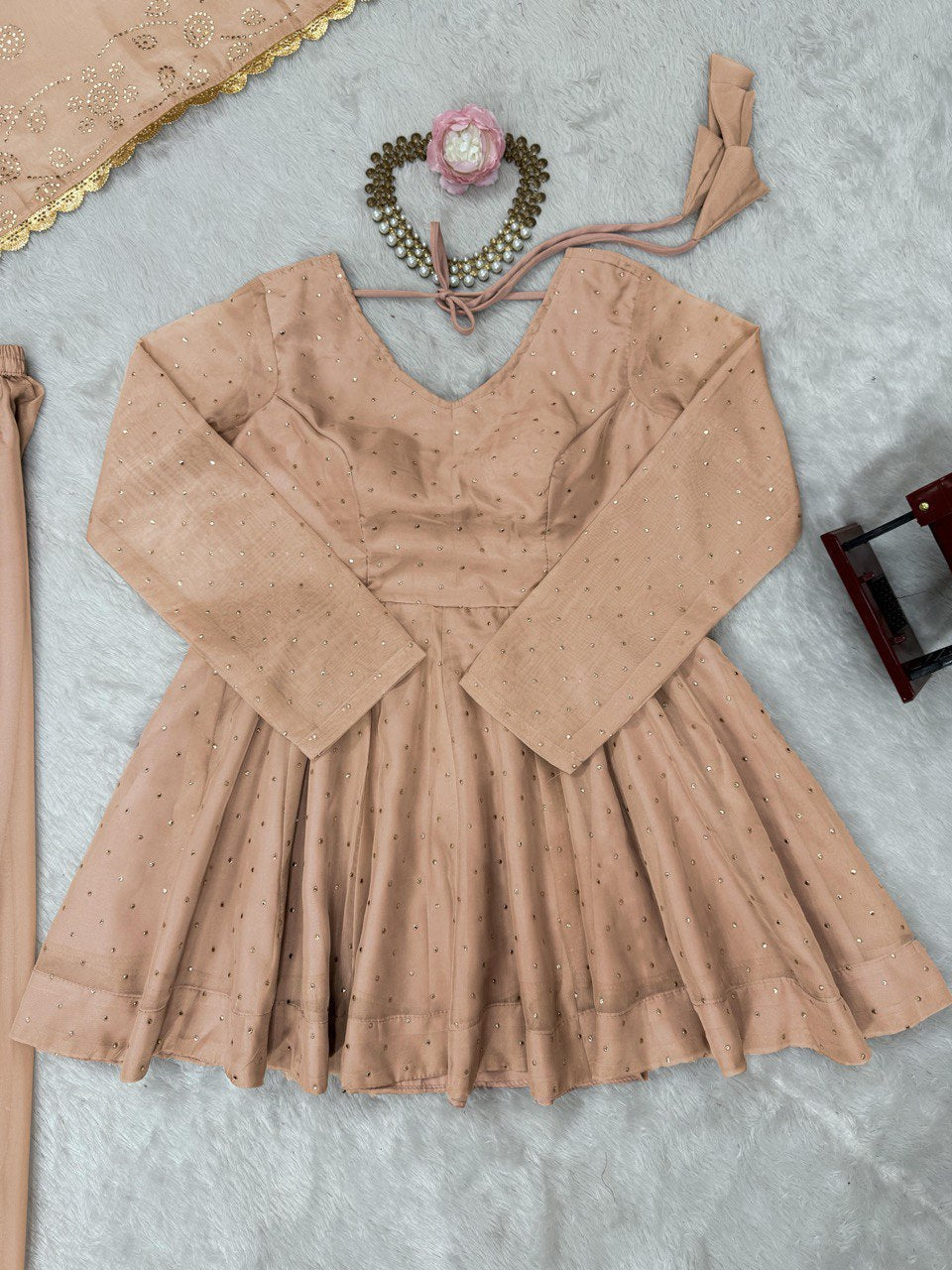 Cream Tabby Organza Work Suit Set with Plazo & Dupatta