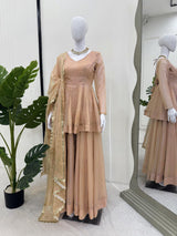 Cream Tabby Organza Work Suit Set with Plazo & Dupatta