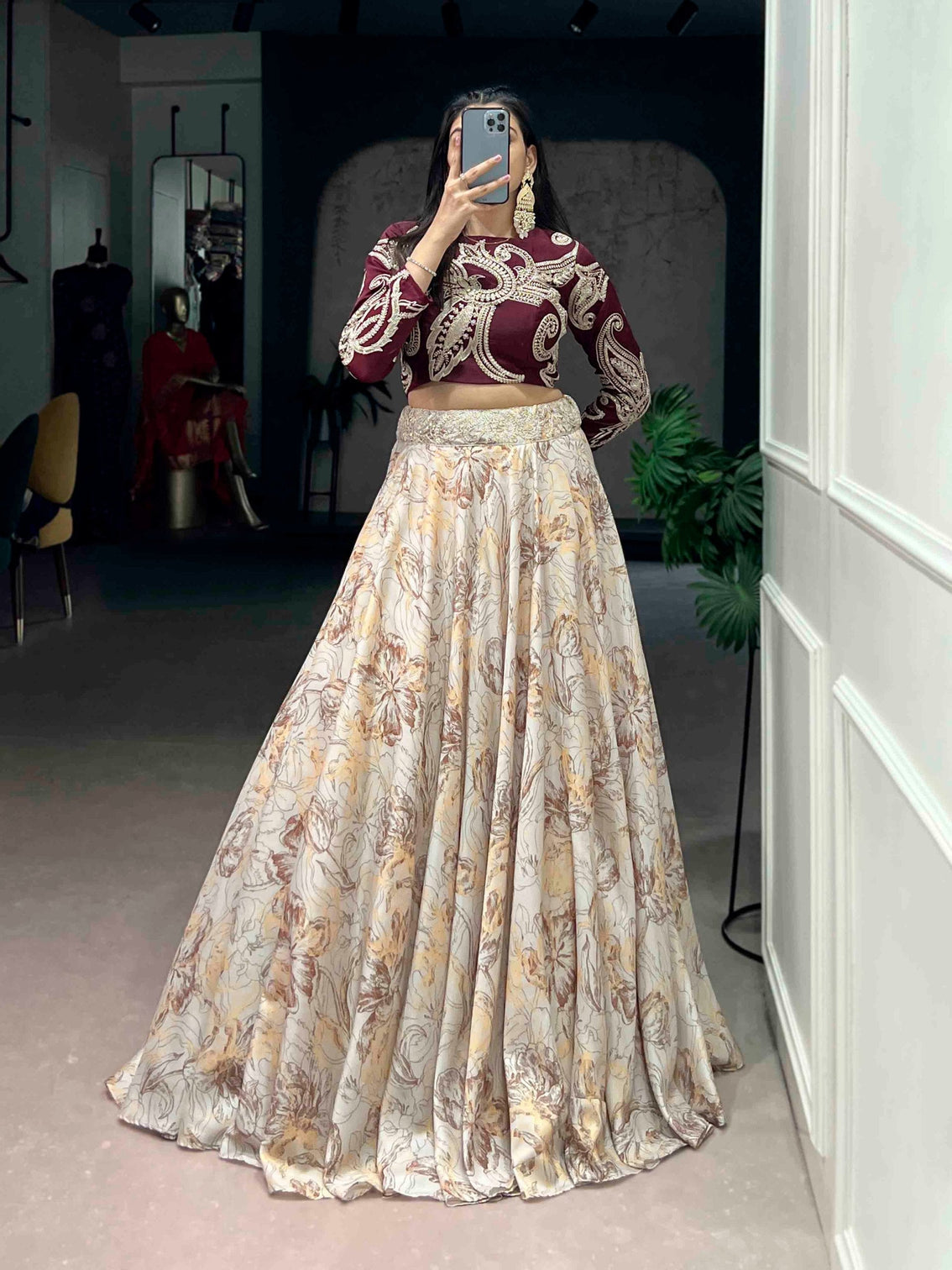 Cream Tasar Silk Lehenga & Embroidered Blouse