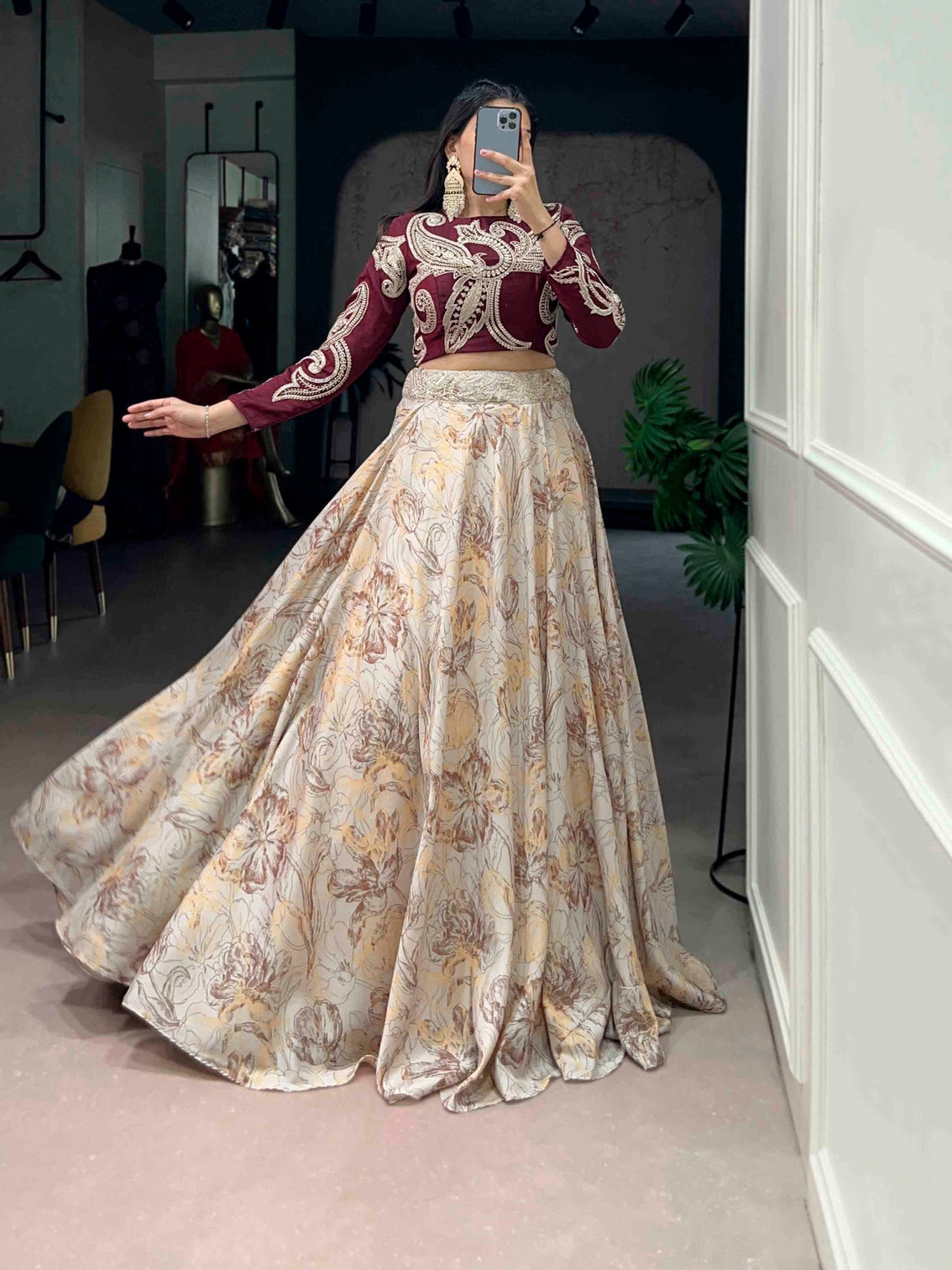 Cream Tasar Silk Lehenga & Embroidered Blouse
