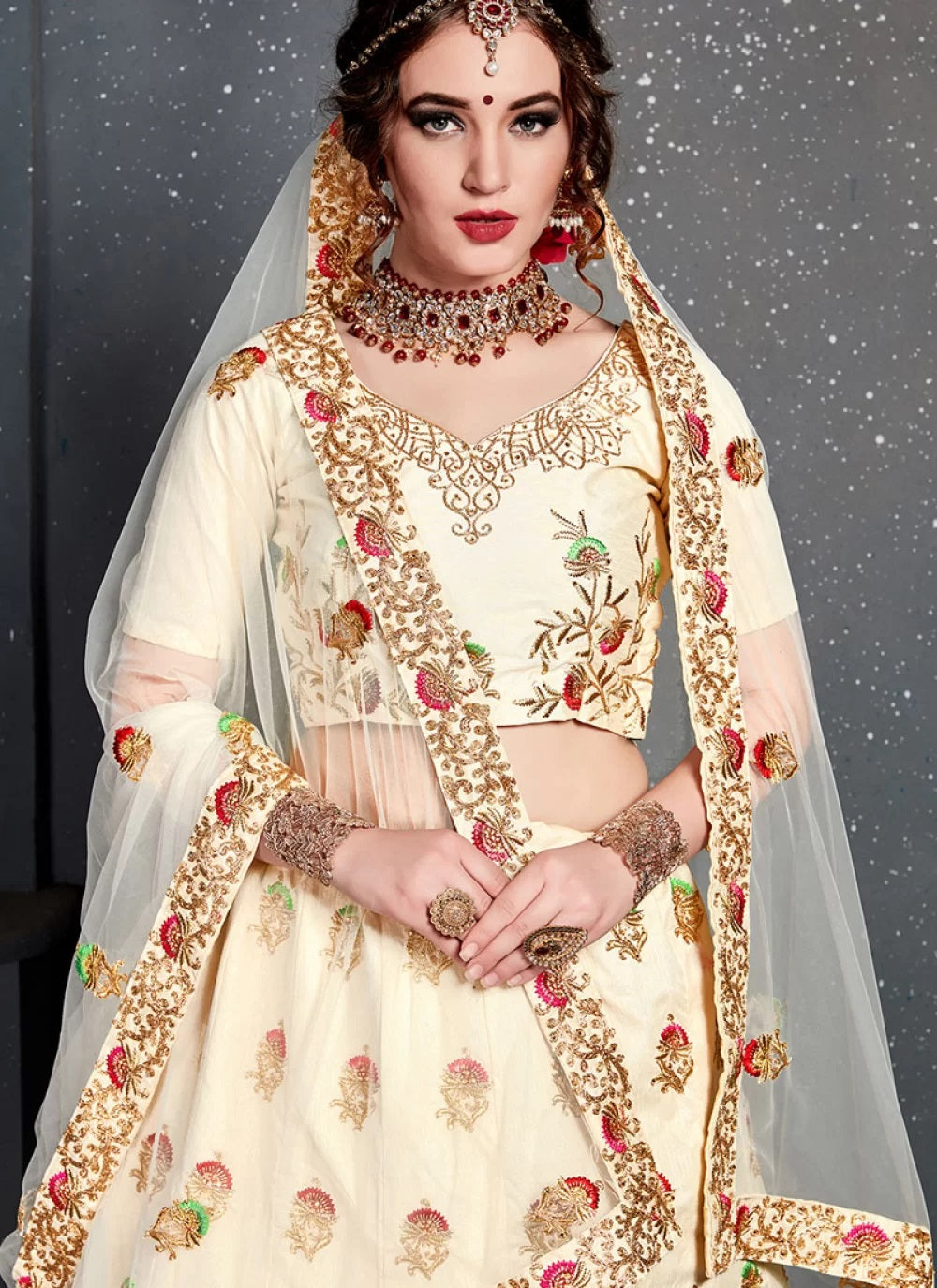 Cream thread work silk bridal lehenga choli
