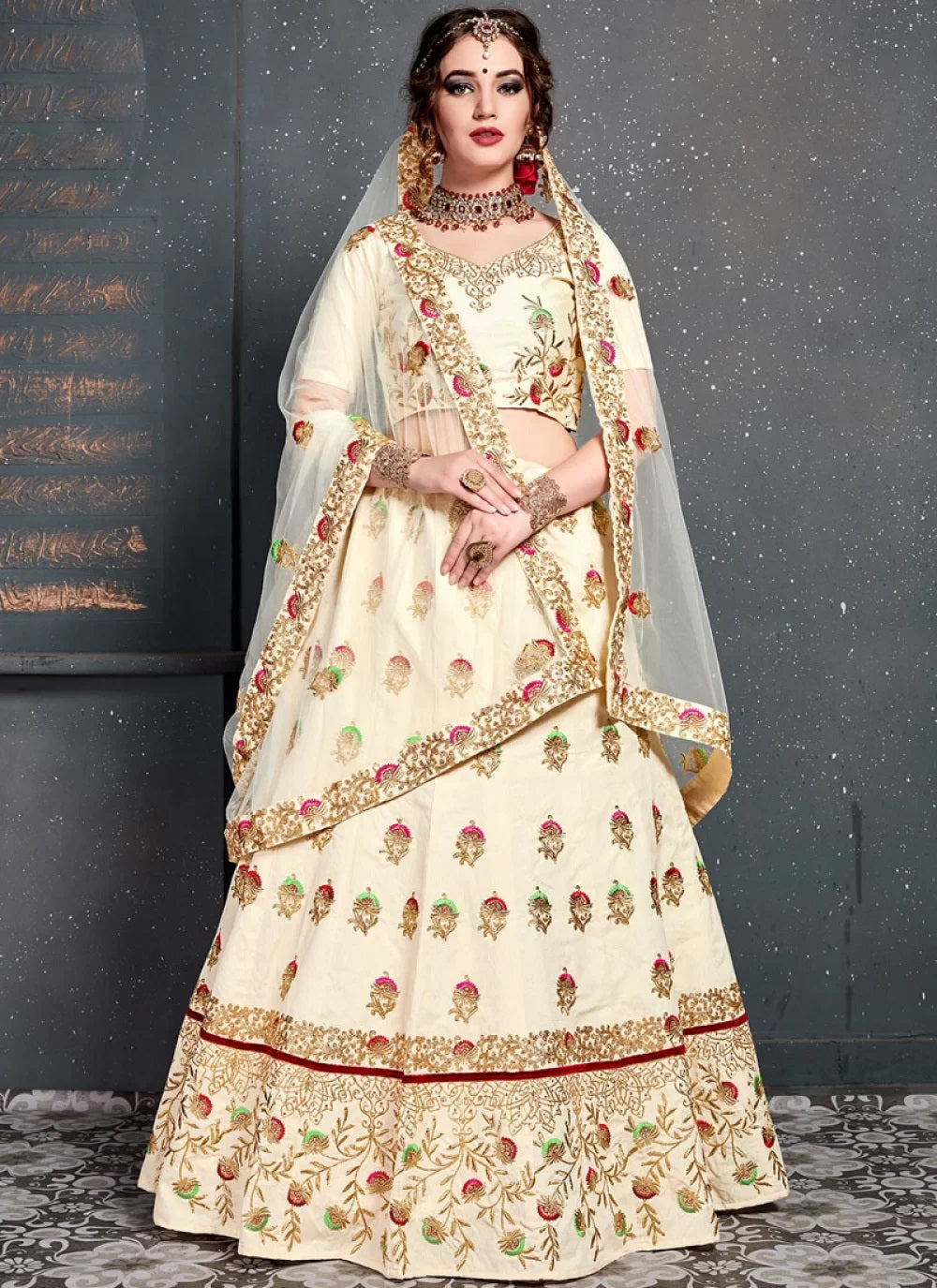 Cream thread work silk bridal lehenga choli