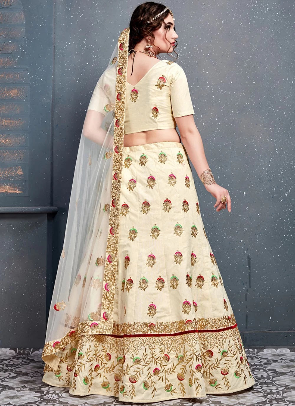 Cream thread work silk bridal lehenga choli