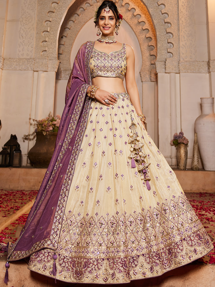 Cream Tissue Semi-Stitched Lehenga Set with Purple Tissue Dupatta
