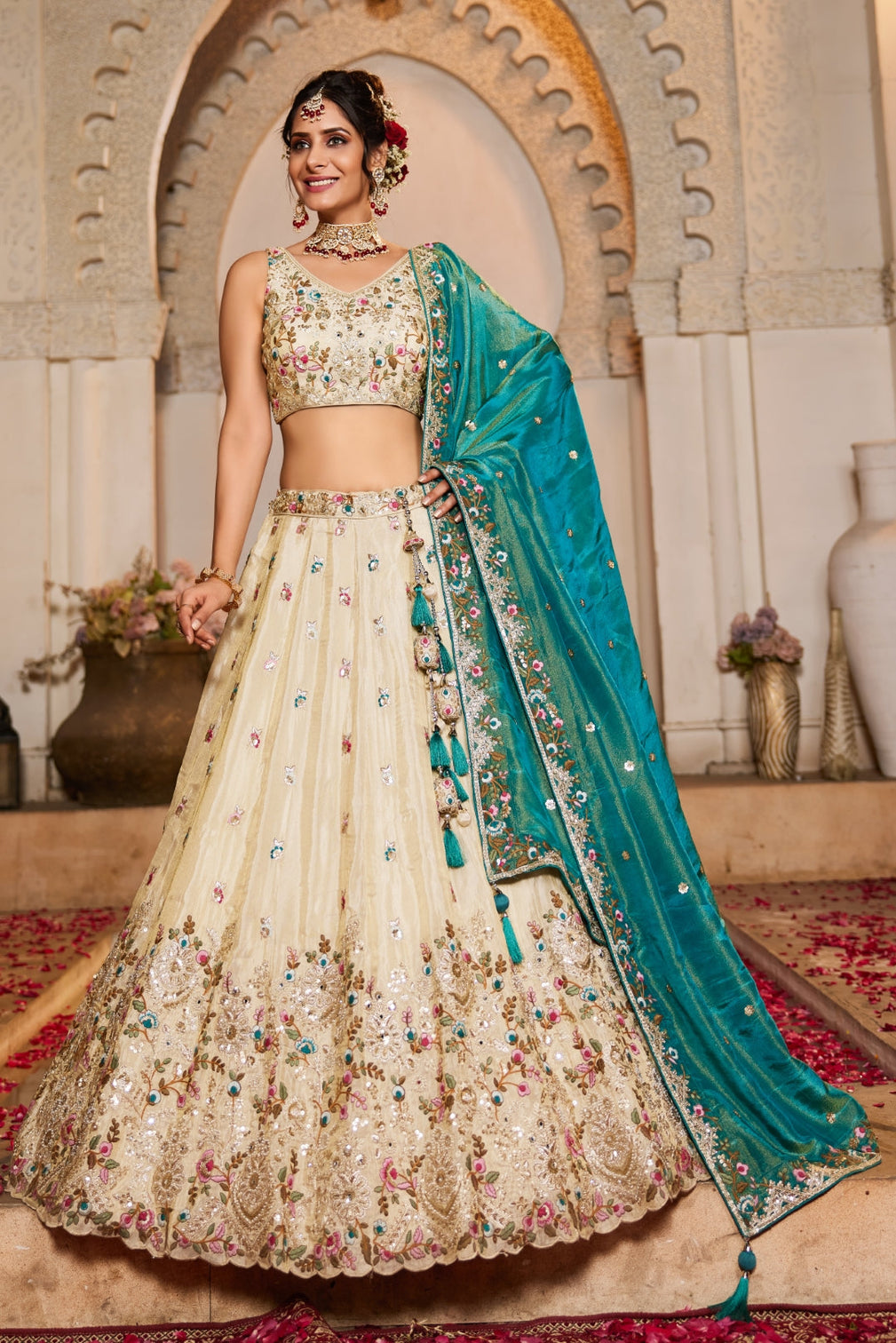 Cream Tissue Sequins Embroidered Semi-Stitched Lehenga Choli with Dupatta