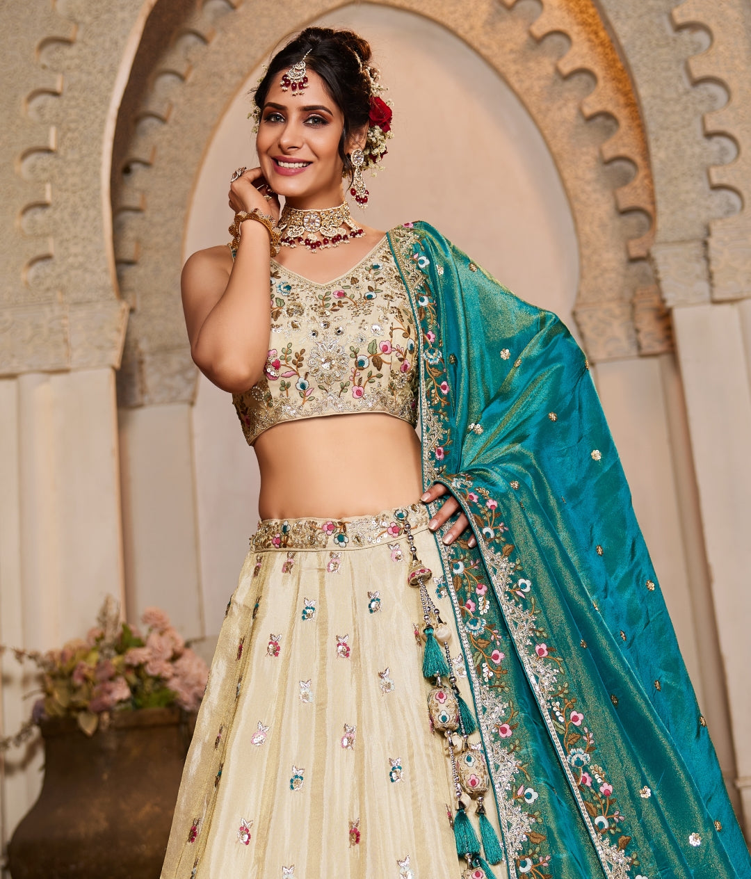 Cream Tissue Sequins Embroidered Semi-Stitched Lehenga Choli with Dupatta