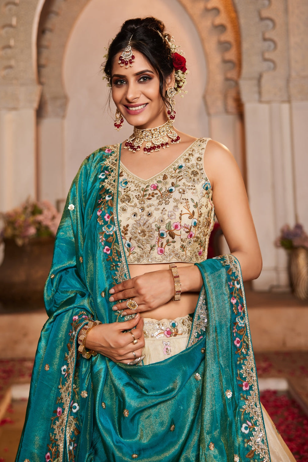 Cream Tissue Sequins Embroidered Semi-Stitched Lehenga Choli with Dupatta
