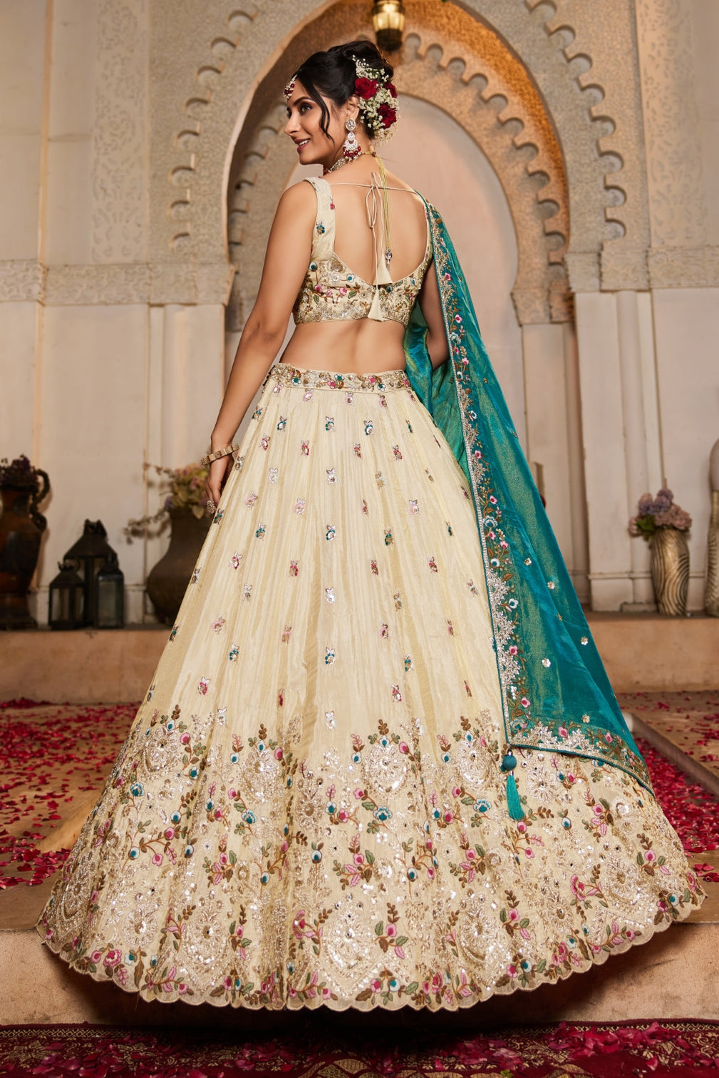 Cream Tissue Sequins Embroidered Semi-Stitched Lehenga Choli with Dupatta