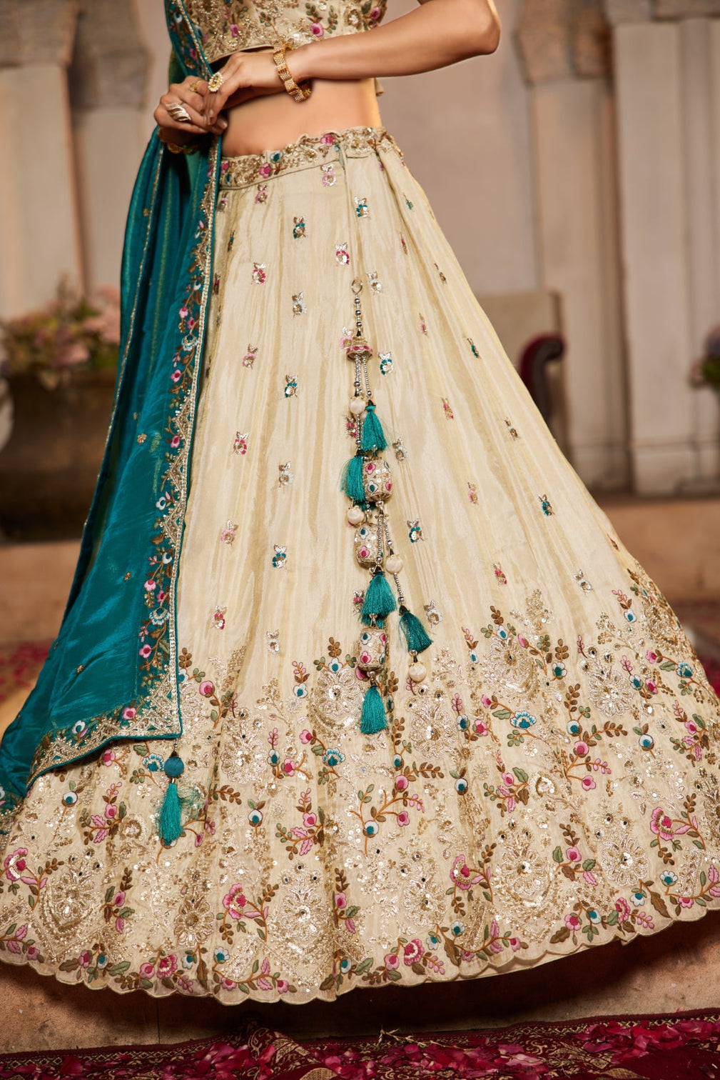Cream Tissue Sequins Embroidered Semi-Stitched Lehenga Choli with Dupatta