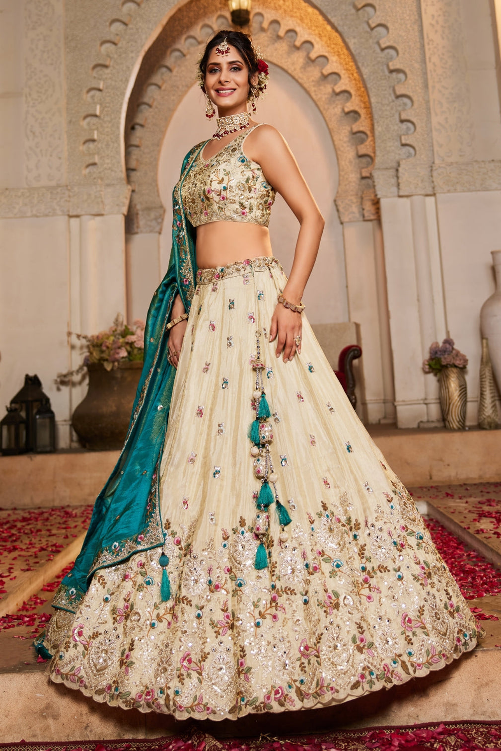 Cream Tissue Sequins Embroidered Semi-Stitched Lehenga Choli with Dupatta
