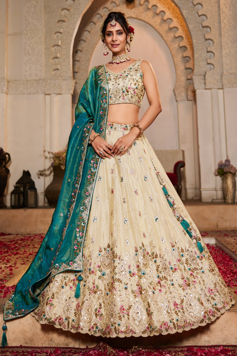 Cream Tissue Sequins Embroidered Semi-Stitched Lehenga Choli with Dupatta