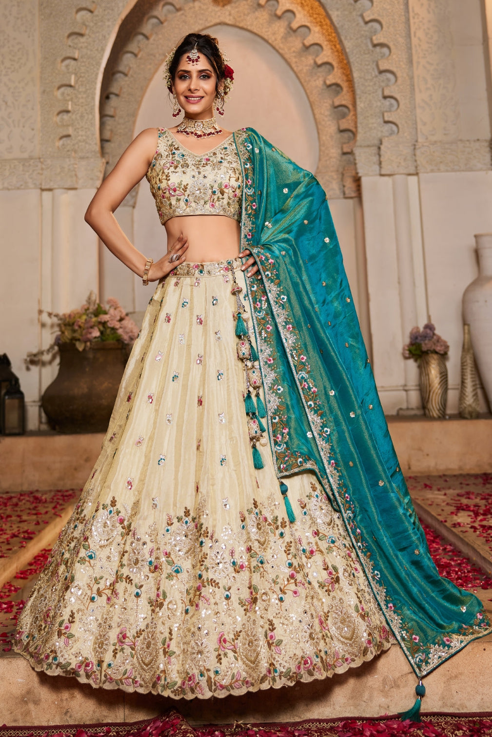Cream Tissue Sequins Embroidered Semi-Stitched Lehenga Choli with Dupatta