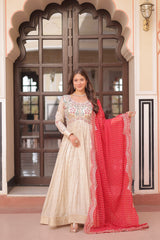 Cream Trending Cosmos Jacquard Gown with Bandhani Cut-Work Dupatta  Pearl Beads Embroidery Full-Stitched Elegance