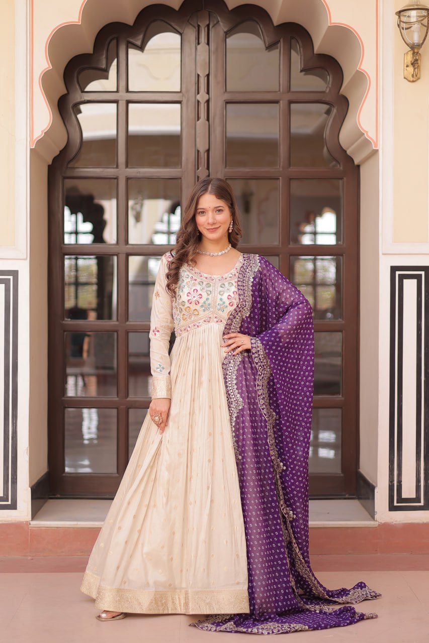 Cream Trending Cosmos Jacquard Gown with Bandhani Cut-Work Dupatta  Pearl Beads Embroidery Full-Stitched Elegance