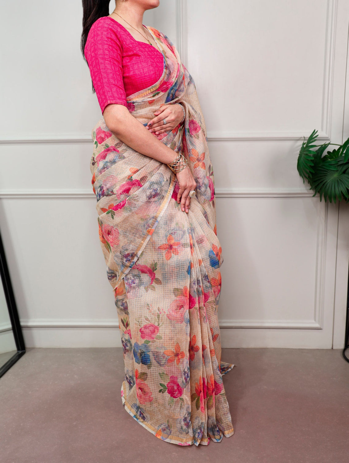 Cream Trendy Floral Ethnic Saree