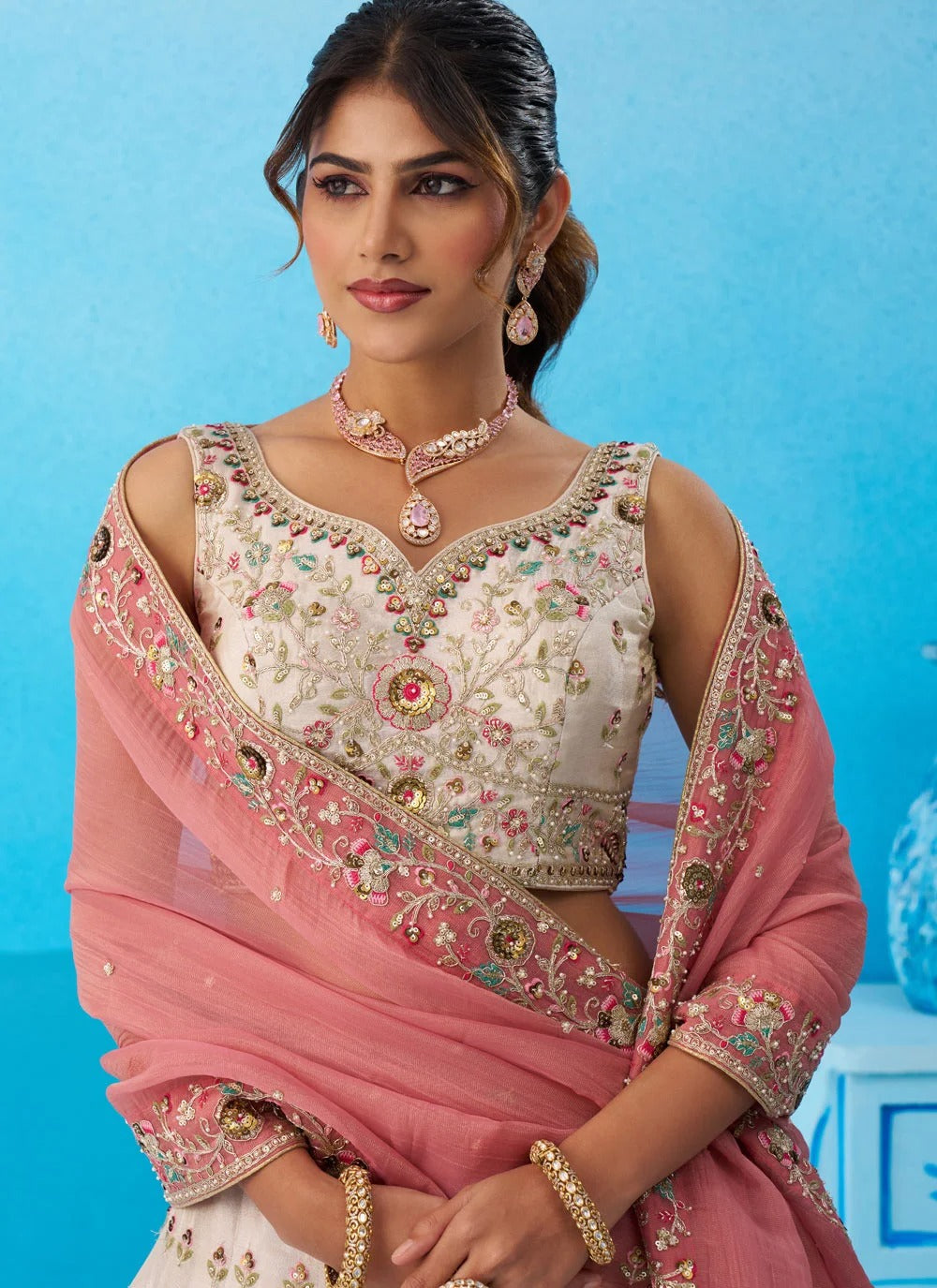 Cream and pink designer tissue lehenga set with multicolor patch work