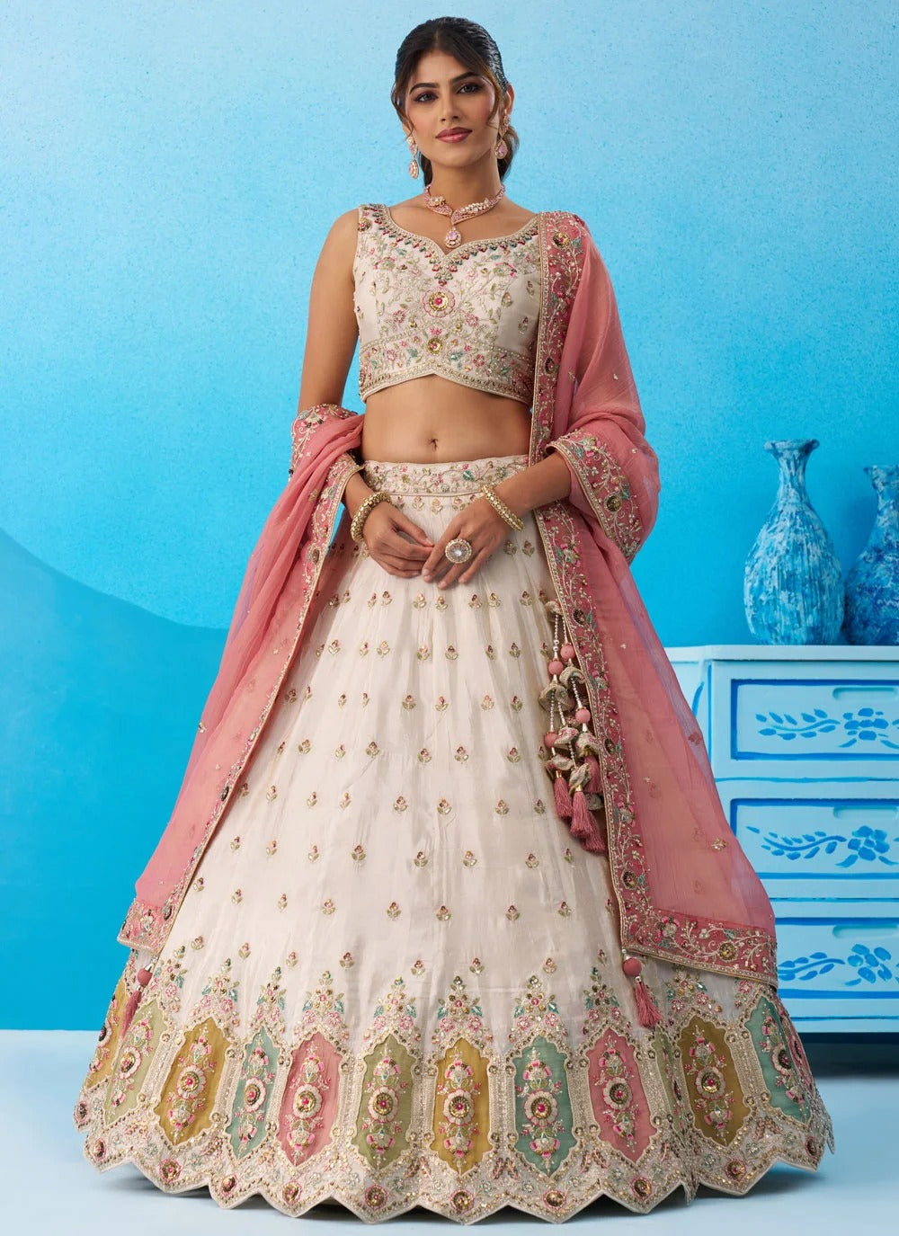 Cream and pink designer tissue lehenga set with multicolor patch work
