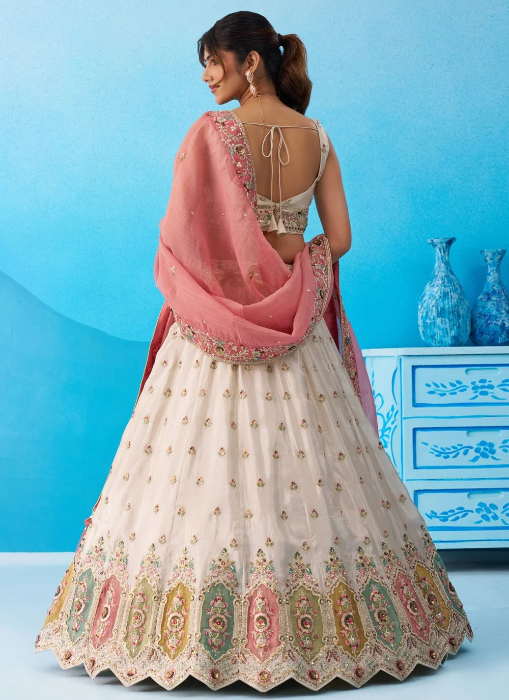 Cream and pink designer tissue lehenga set with multicolor patch work