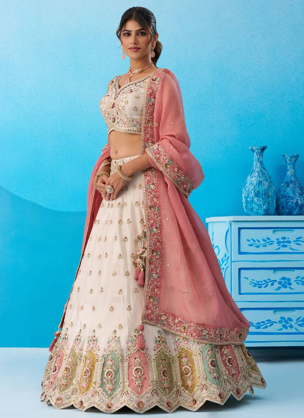 Cream and pink designer tissue lehenga set with multicolor patch work