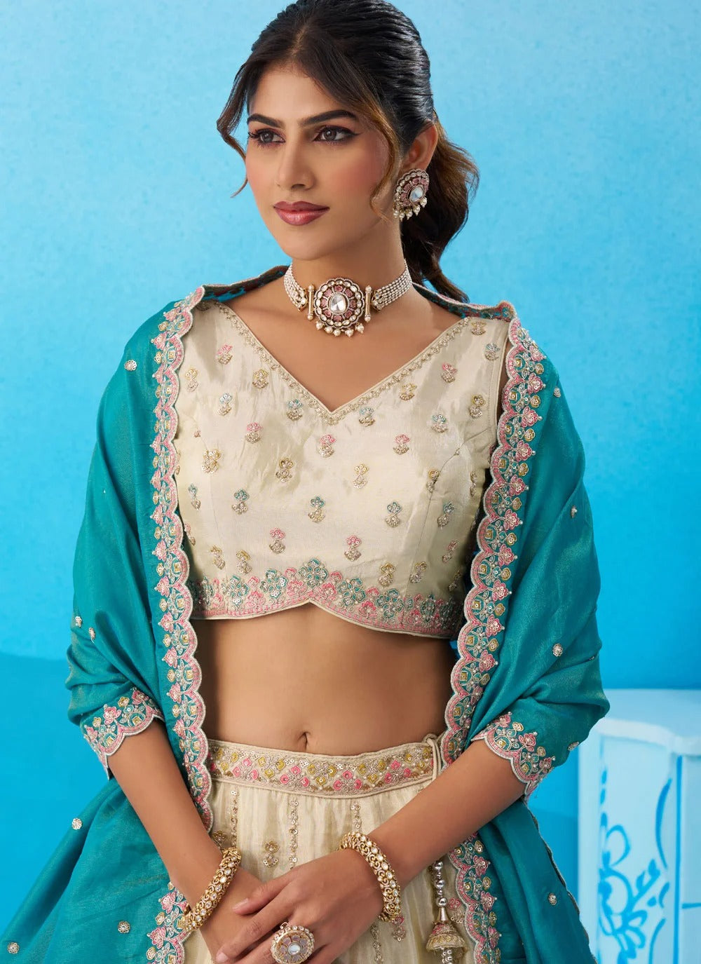 Cream wedding lehenga for women with rama tissue dupatta