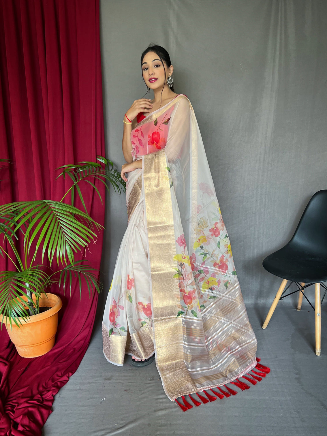Grey Goose Saree in Organza Digital Floral Print