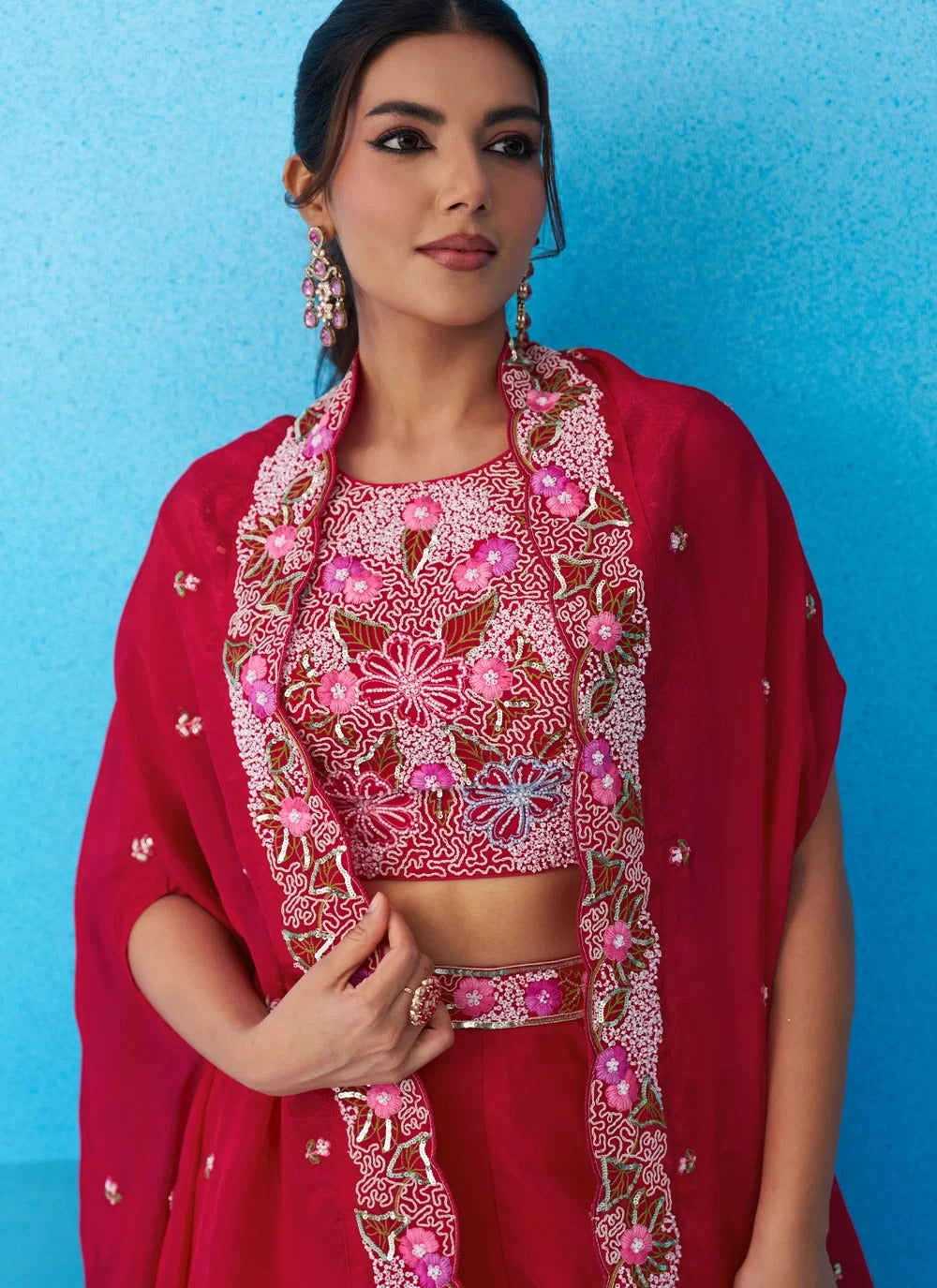 Rani pink crepe indo western set with embroidered flared cape palazzo