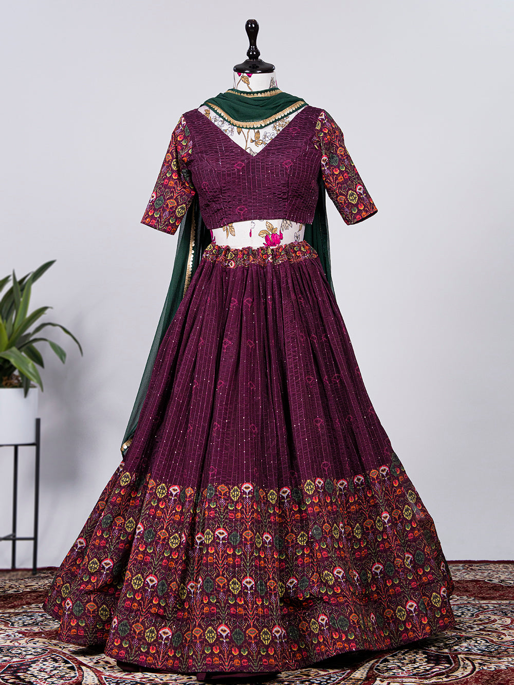 Wine Color Crochet Work Chinon printed Lehenga