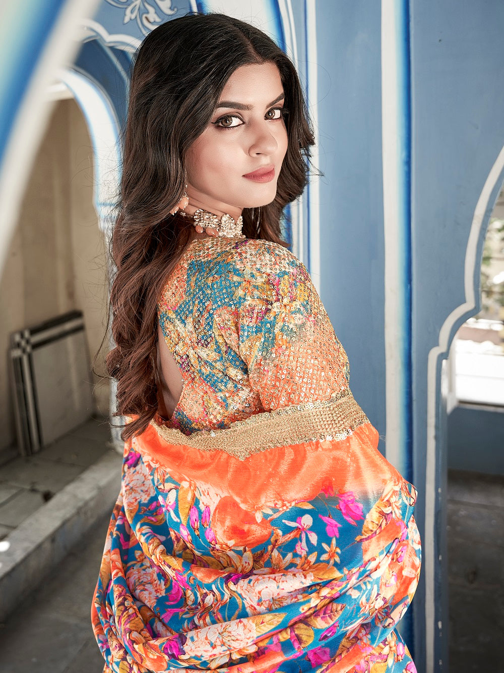 Sky Blue Color Digital Print With Sequins Embroidery Work Crushed Chinon Lehenga Choli