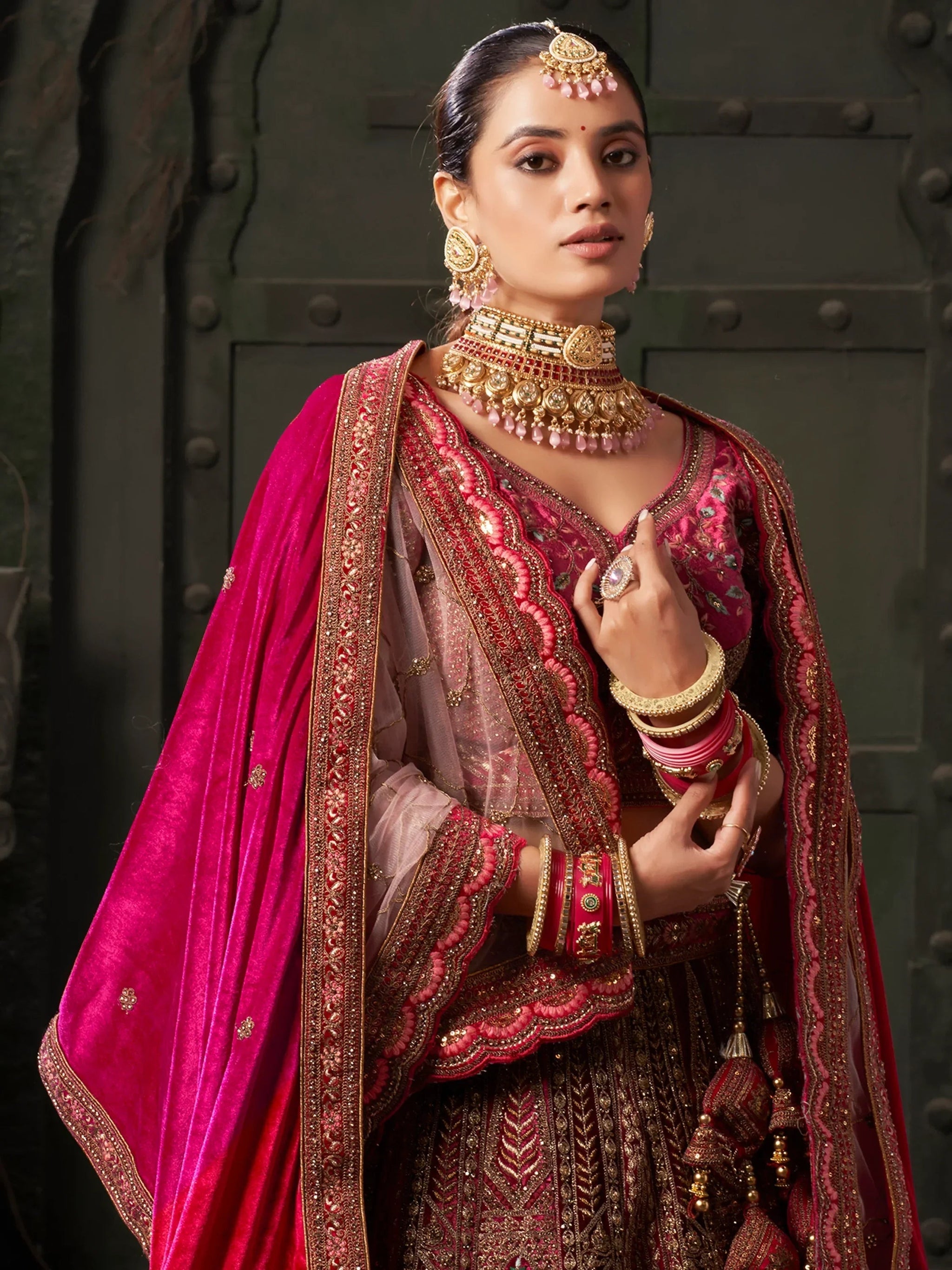 Cute Rani Pink Embroidered Velvet Lehenga Choli With Double Dupatta