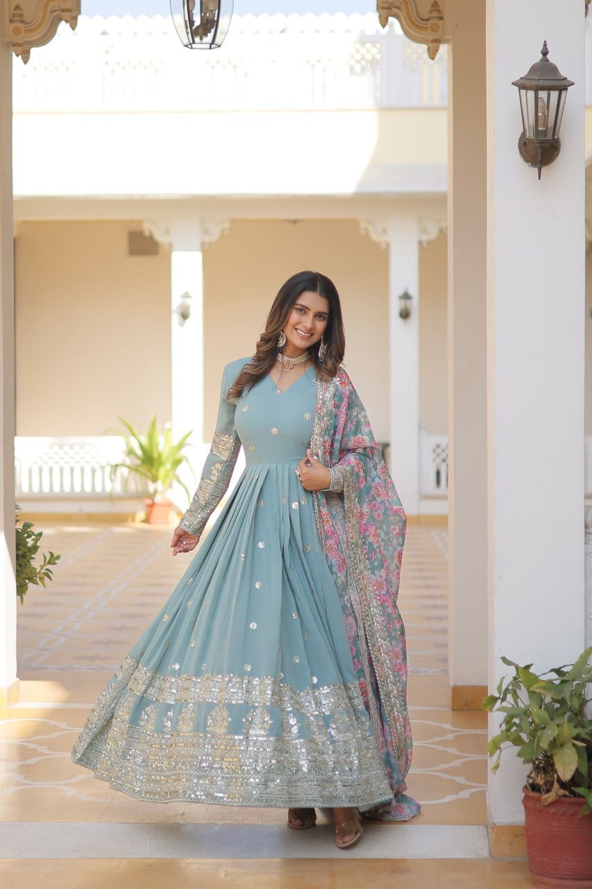 Cyan Grey Exquisite Premium Designer Faux Georgette Gown with Embroidered Zari Sequins and Tabby Silk Dupatta