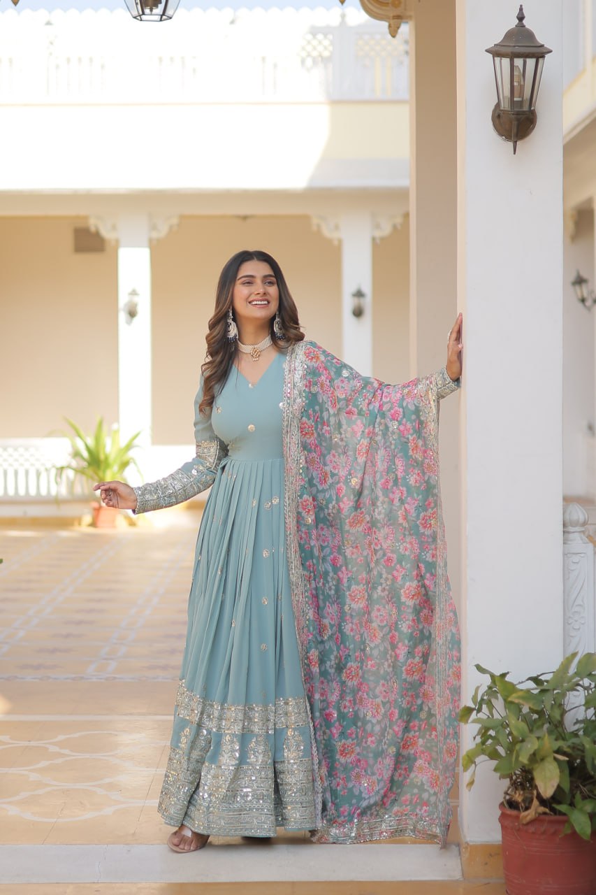 Cyan Grey Exquisite Premium Designer Faux Georgette Gown with Embroidered Zari Sequins and Tabby Silk Dupatta