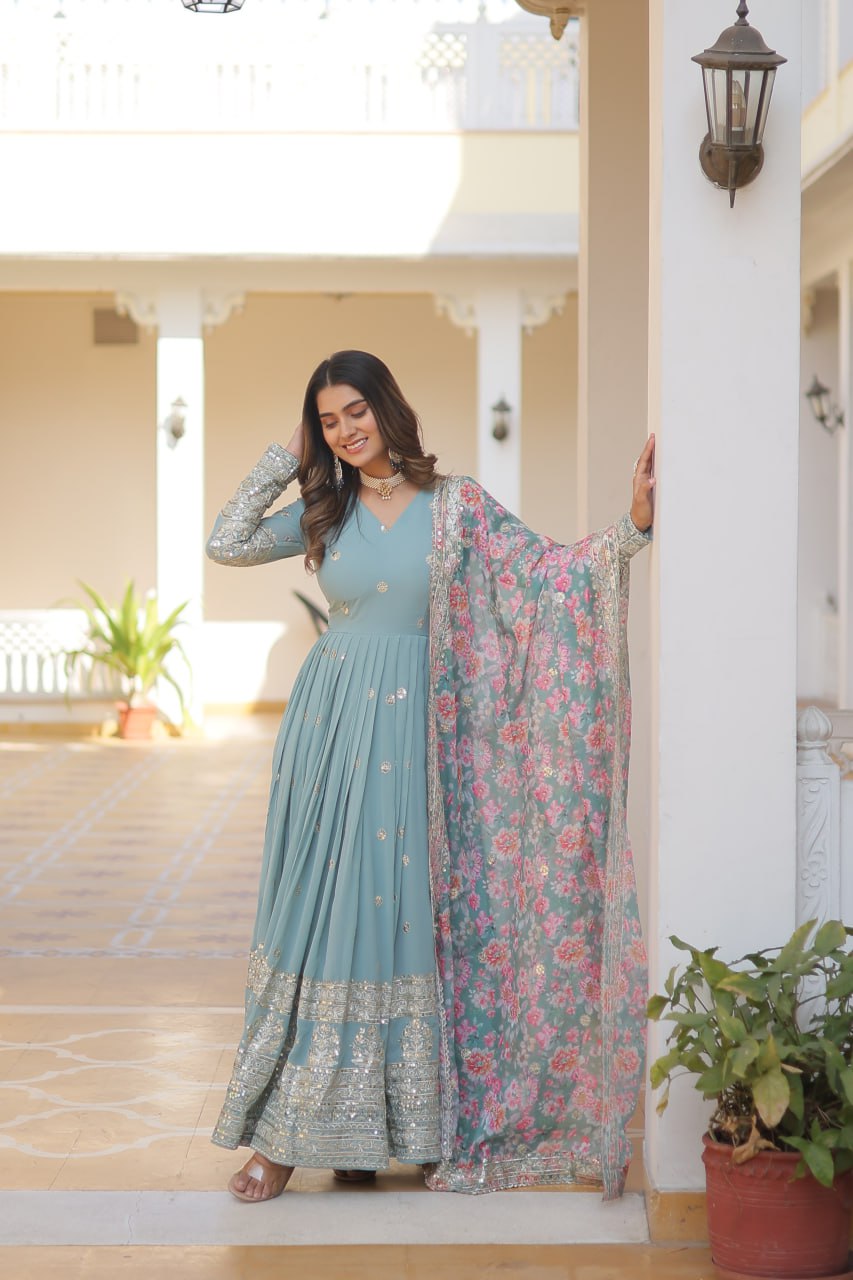 Cyan Grey Exquisite Premium Designer Faux Georgette Gown with Embroidered Zari Sequins and Tabby Silk Dupatta