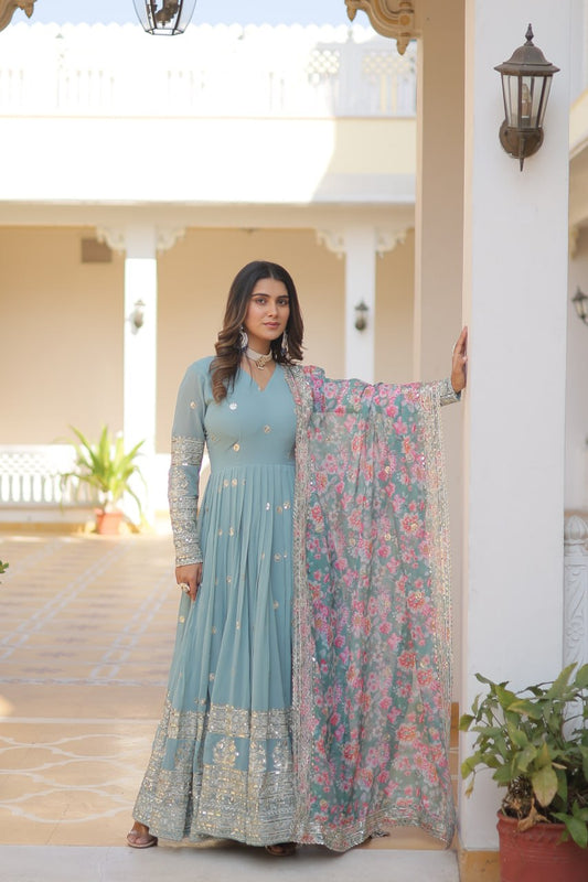 Cyan Grey Exquisite Premium Designer Faux Georgette Gown with Embroidered Zari Sequins and Tabby Silk Dupatta