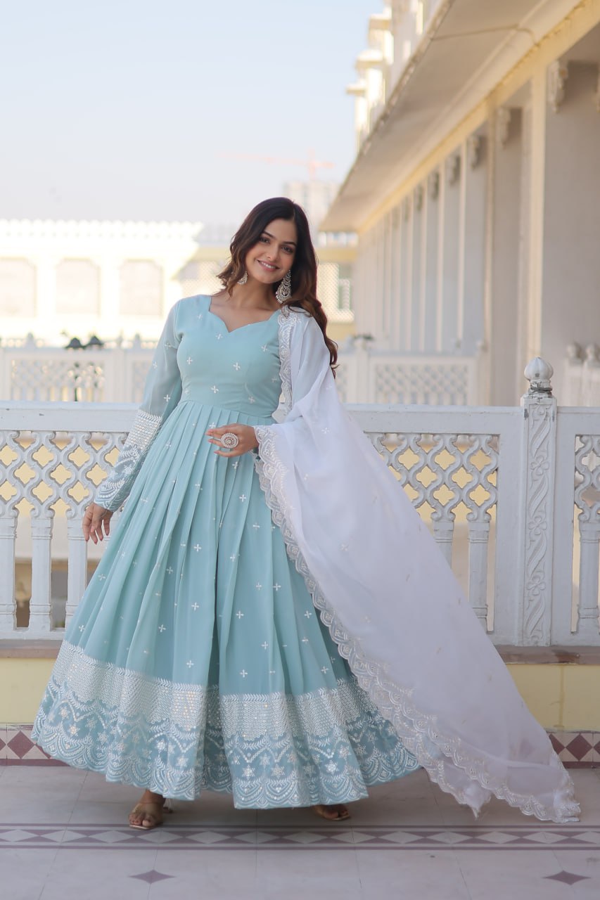 Cyan Luxe Thread & Sequins Embroidered Designer Gown with Russian Silk Dupatta