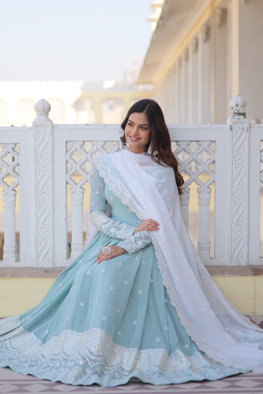 Cyan Luxe Thread & Sequins Embroidered Designer Gown with Russian Silk Dupatta