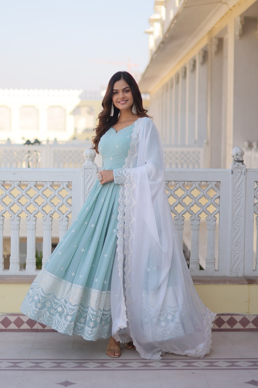 Cyan Luxe Thread & Sequins Embroidered Designer Gown with Russian Silk Dupatta