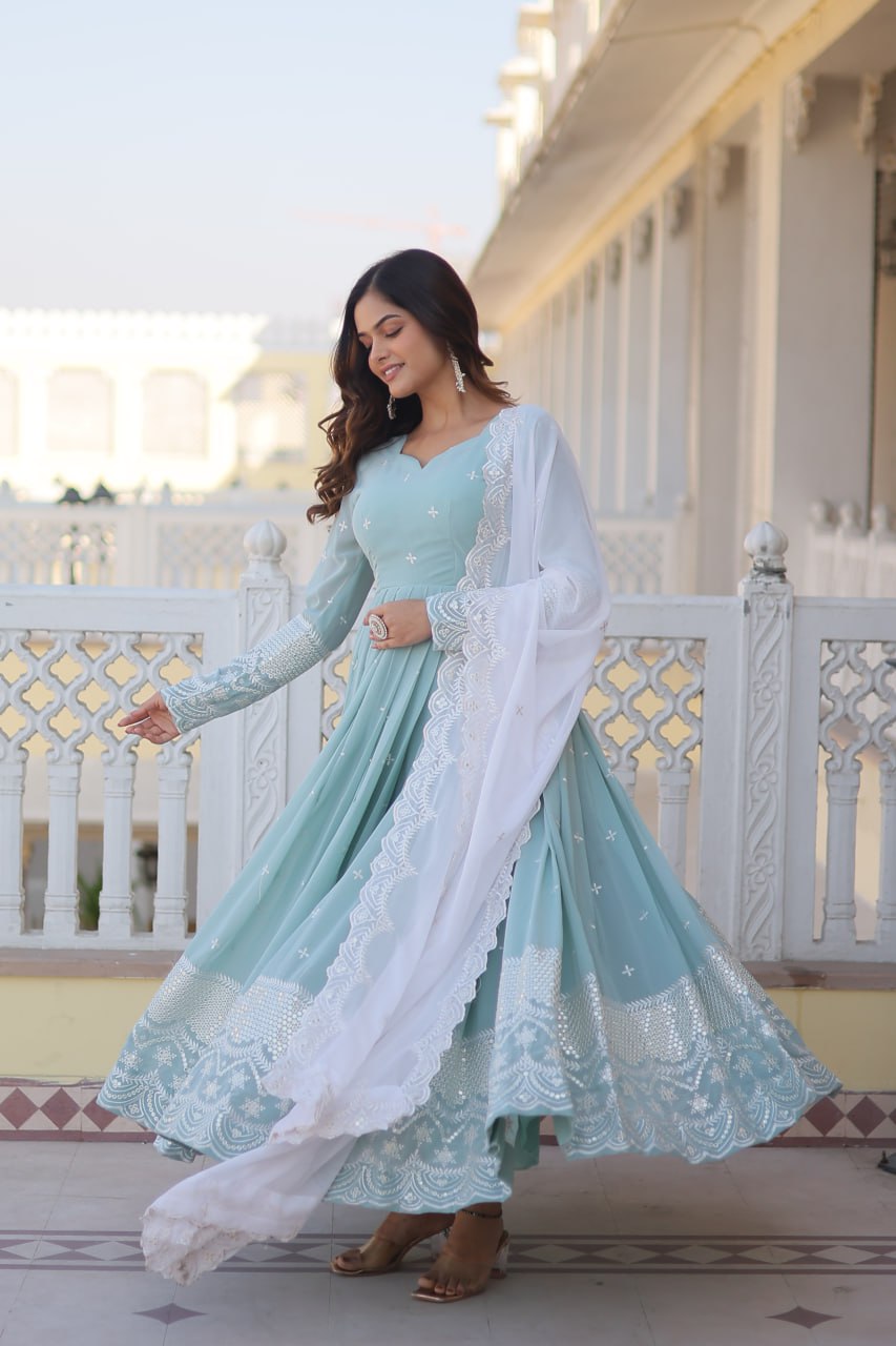 Cyan Luxe Thread & Sequins Embroidered Designer Gown with Russian Silk Dupatta