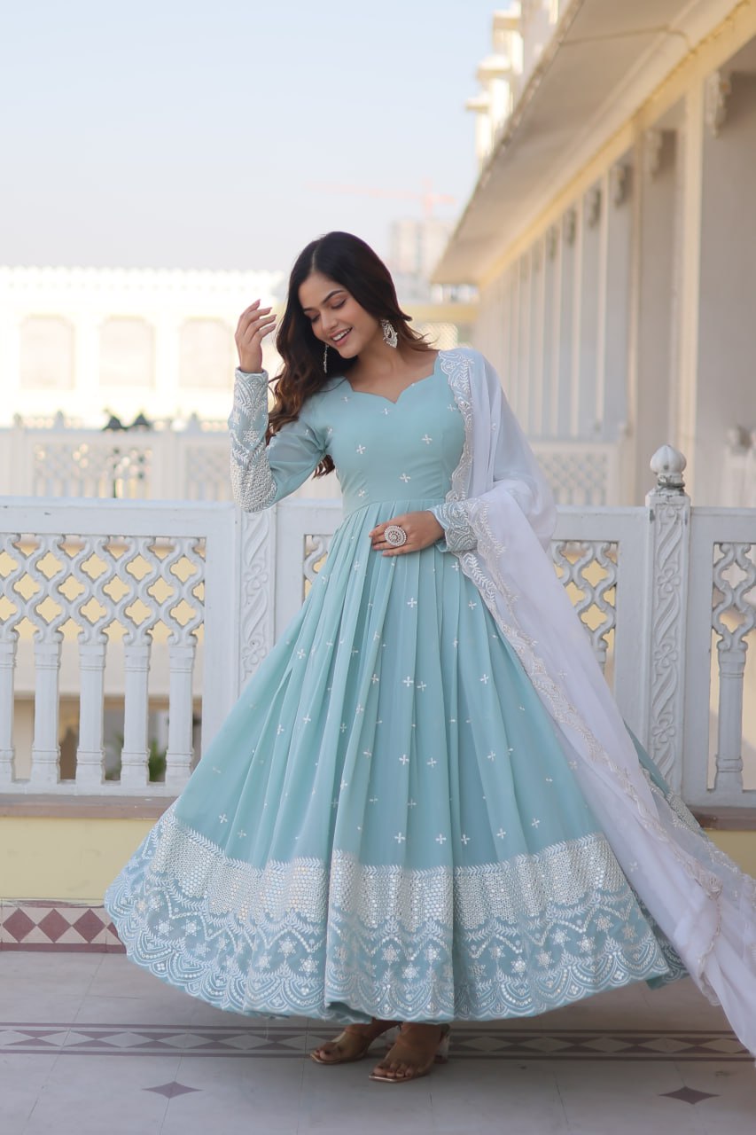 Cyan Luxe Thread & Sequins Embroidered Designer Gown with Russian Silk Dupatta