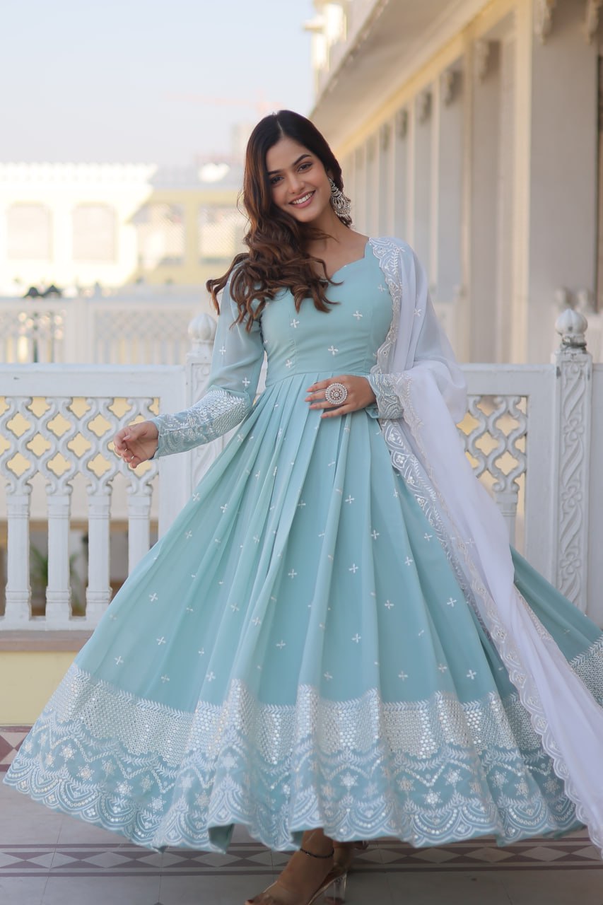 Cyan Luxe Thread & Sequins Embroidered Designer Gown with Russian Silk Dupatta