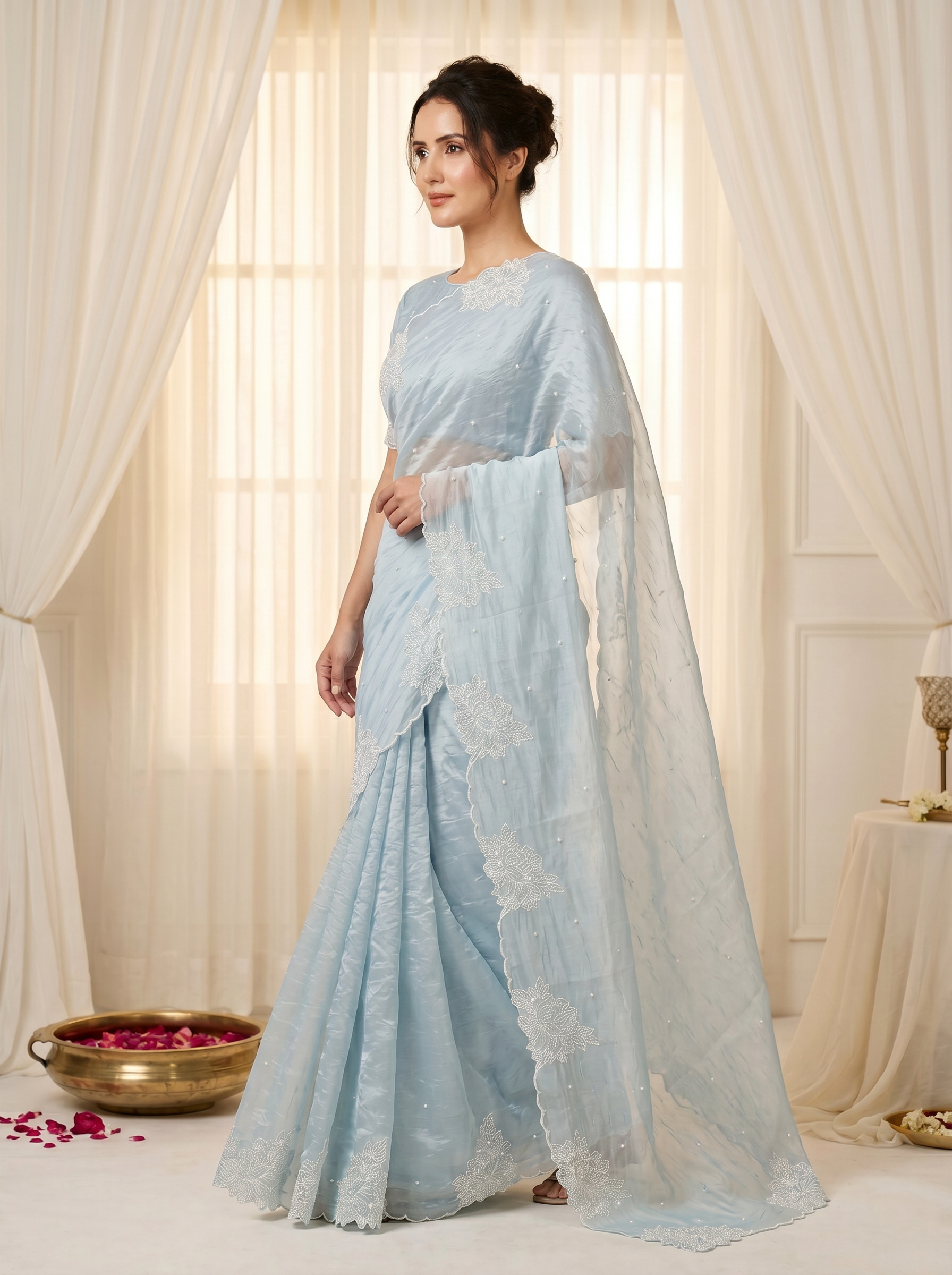 Sky Pure Raspberry Crush Silk Saree with Lucknowi Embroidery