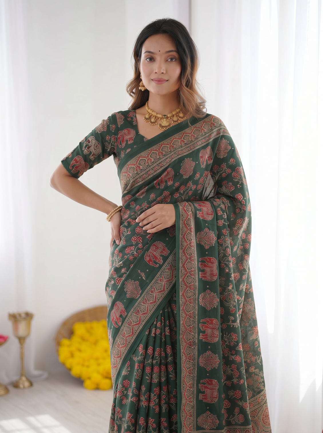 Forest green modal silk saree with elephant motif ajrakh print designer heritage pallu traditional festive wear saree