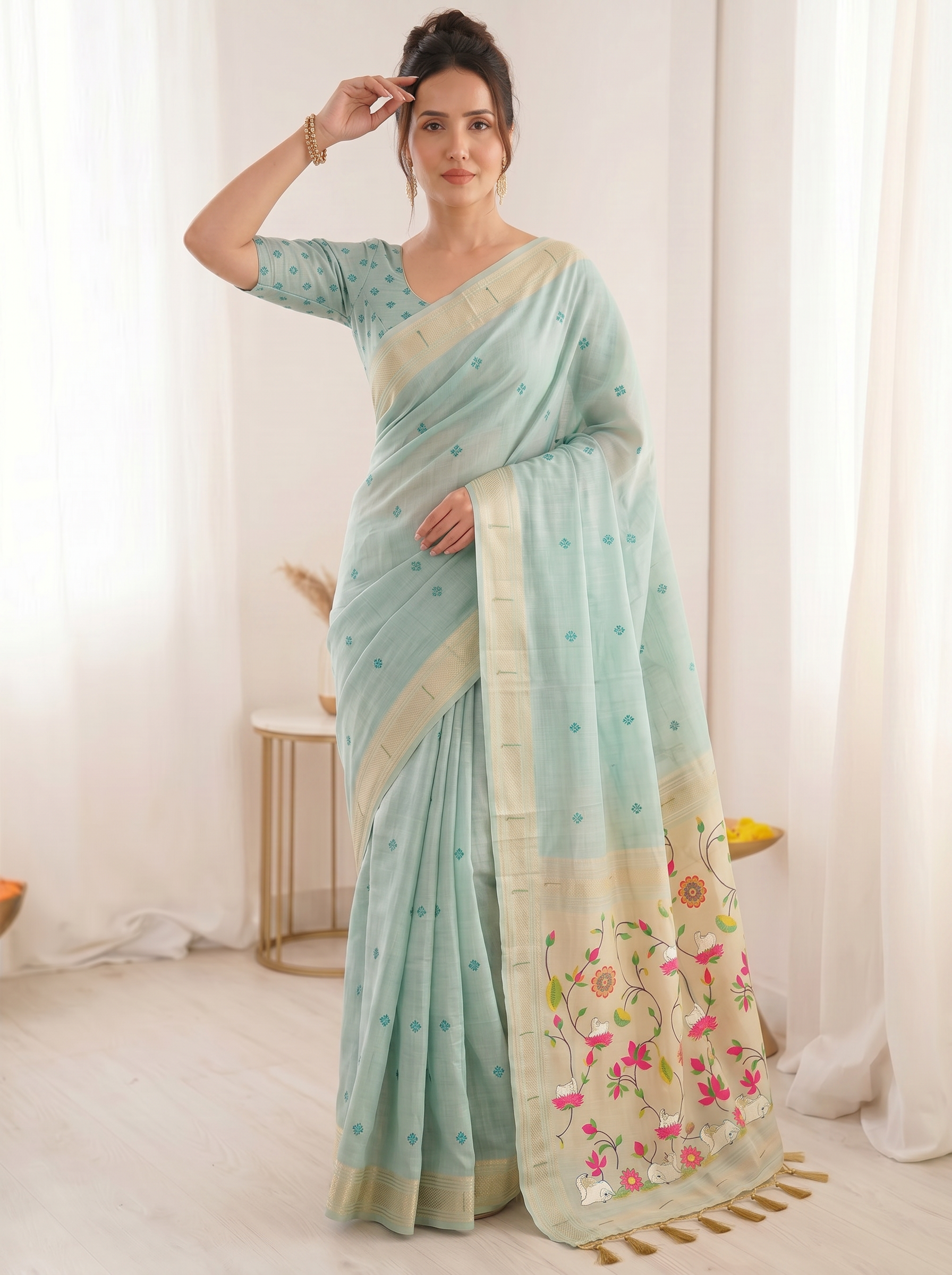 Sky Premium Soft Muga Cotton Saree with Paithani Swan Meenakari Pallu