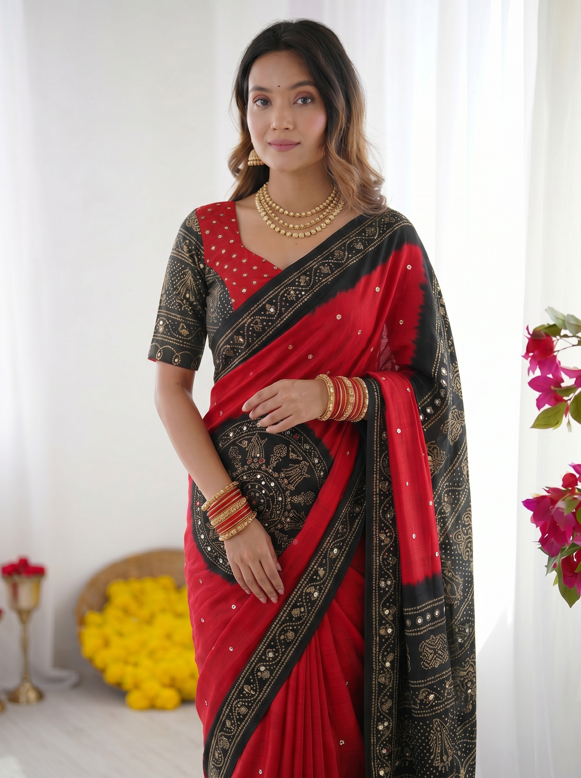 Crimson red black modal silk saree with traditional bandhani inspired motifs stone work heritage folk art pallu