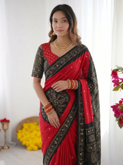 Crimson red black modal silk saree with traditional bandhani inspired motifs stone work heritage folk art pallu