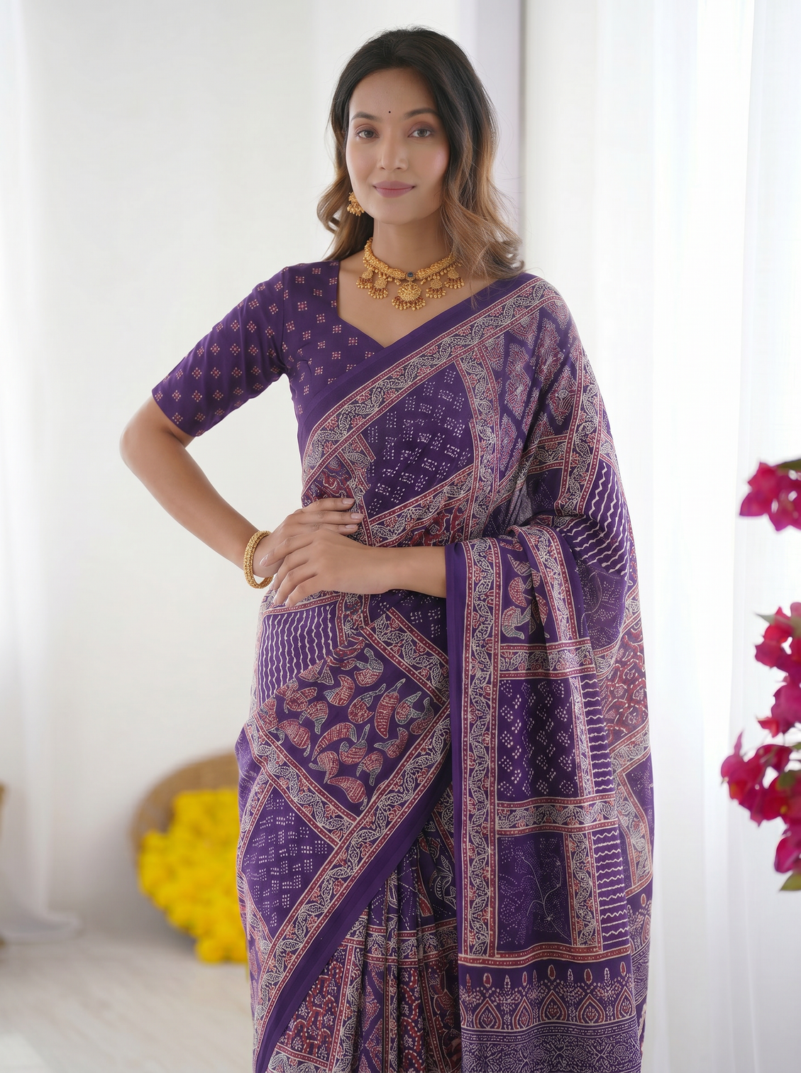 Royal purple modal silk saree with tribal geometric print designer ethnic pallu saree for festive wear